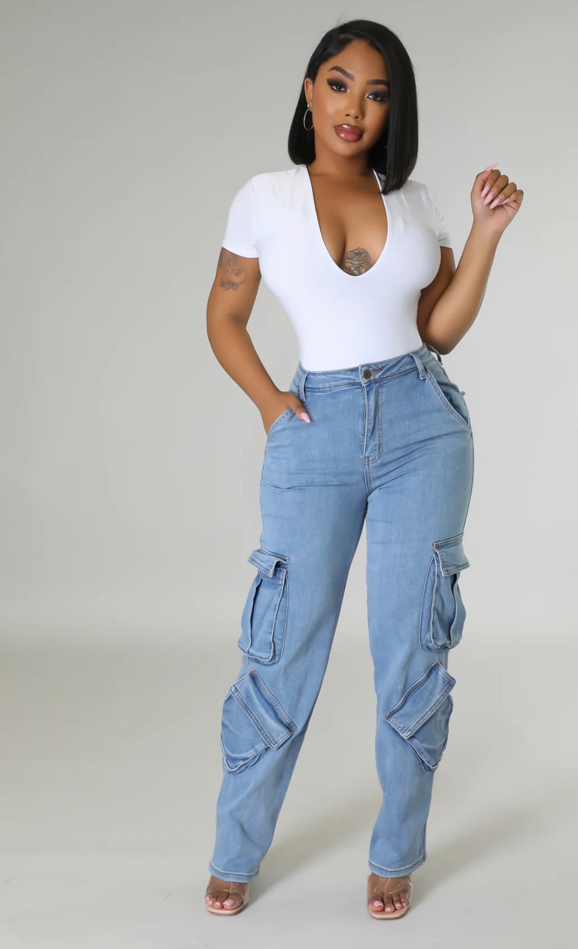 Women's High Waist Denim Cargo Pants - Flap Pocket Jeans for Effortless Style