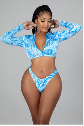 Women's Summer Beachwear Sexy Bikini Printed Zip Long Sleeve High Waist Swimwear