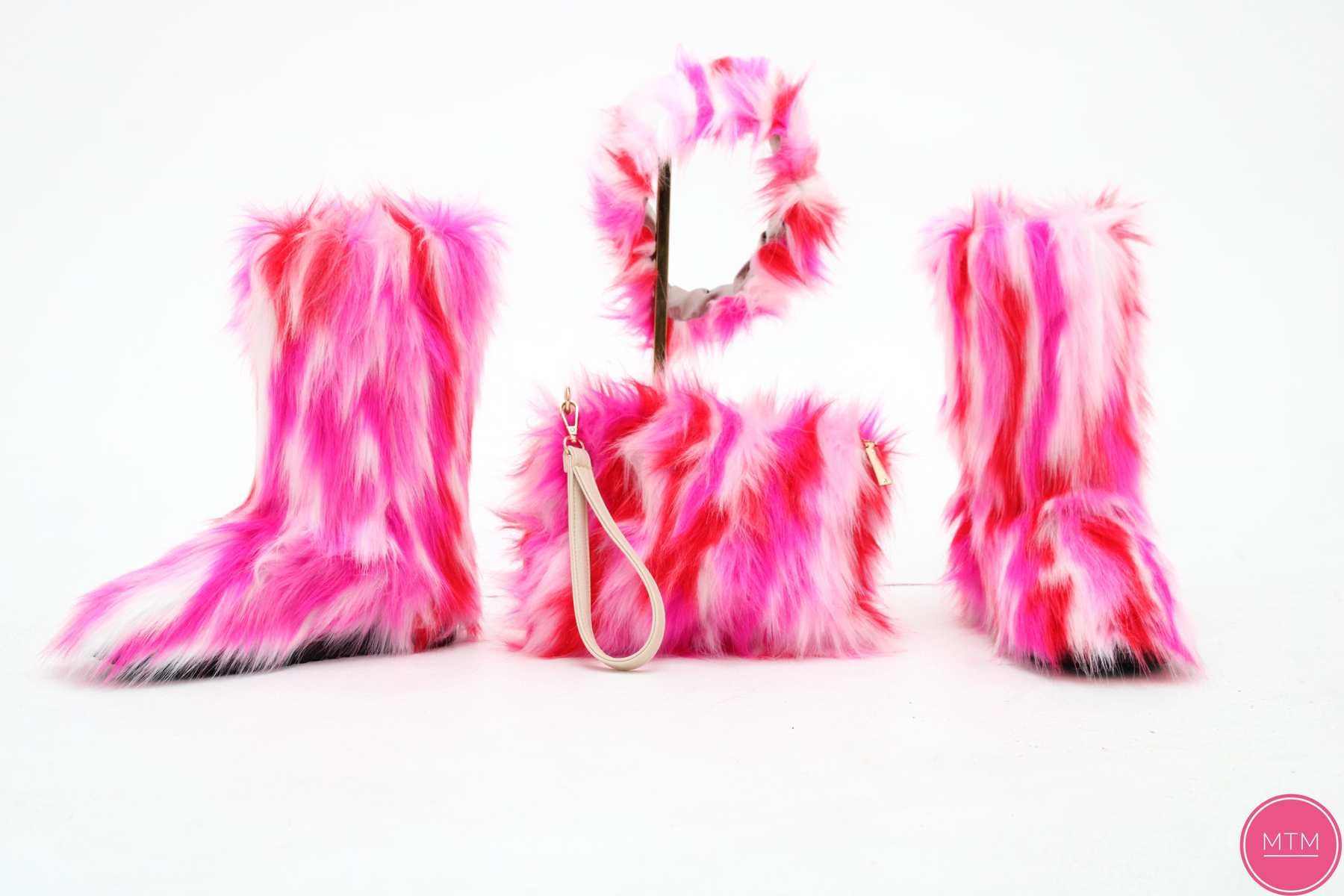 Luxurious Pink Multicolor Fur Boots Set