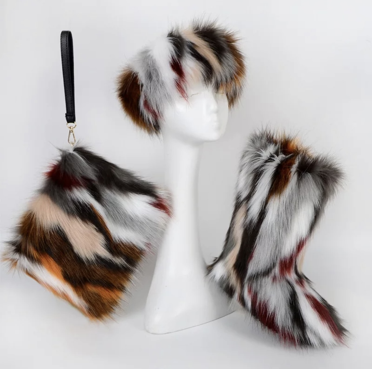 Luxurious Grey Multicolor Fur Boots Set