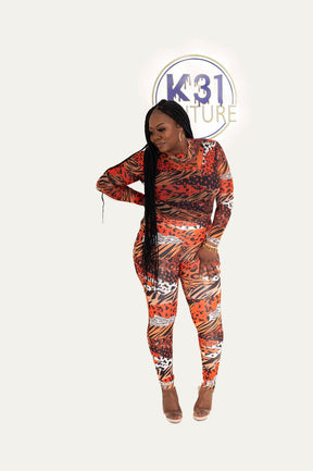 Orange Abstract Print Long Sleeve Top & Pants Set